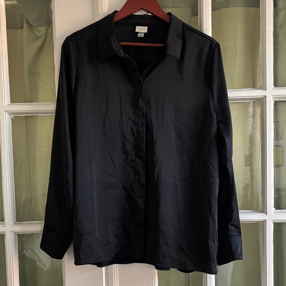 Women's Satin Black Button-Up Shirt